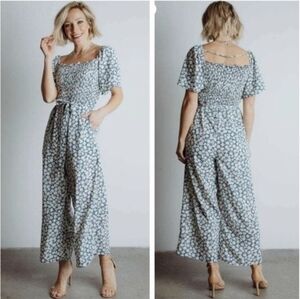 NWOT Baltic Born Kendall Dusty Blue Floral Jumpsuit Smocked Flutter Sleeve 3XL‎
